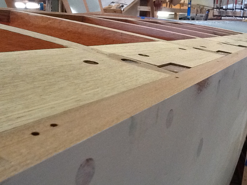 Blocking detail out at sheer under overlapping joint where decks and c overing boards will meet.